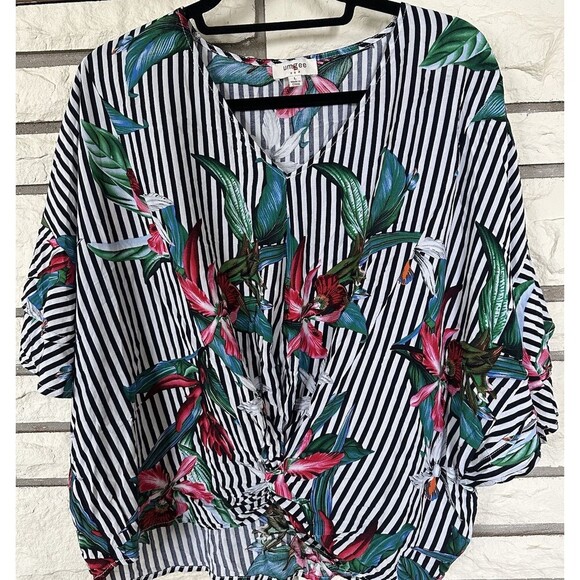 Umgee Blouse Black White Stripe With Tropical Floral Design Front Knot Detail Lg - Picture 1 of 8